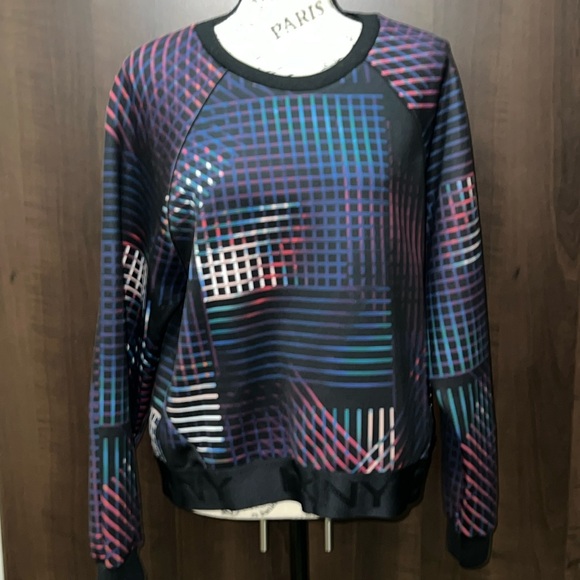 DKNY Women's Geometric Print Sweatshirt - Black Multicolor - Size Large - Picture 1 of 10